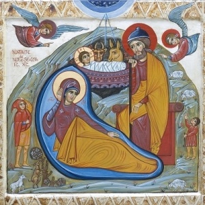 Icône de la Nativité - Ta naissance ö Christ notre Dieu, a faire resplendir dans le monde la Lumière de la connaissance, ceux qui servaient les astres, sont instruis par l'astre de t'adorer Soleil de justice, et de contempler Orient venant des Hauteurs. Seigneur Gloire à Toi.